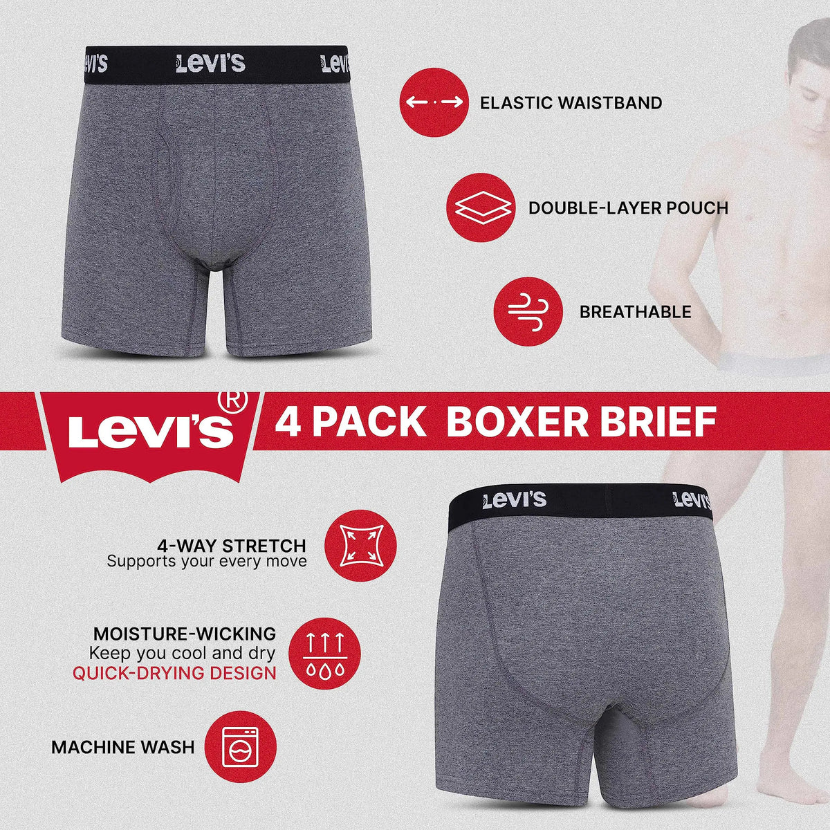 Levi's Mens Boxer Briefs Breathable Stretch Underwear 4 Pack Scribble Logo, Caviar, B25heathergrey, Caviar X-Large Rieworkes