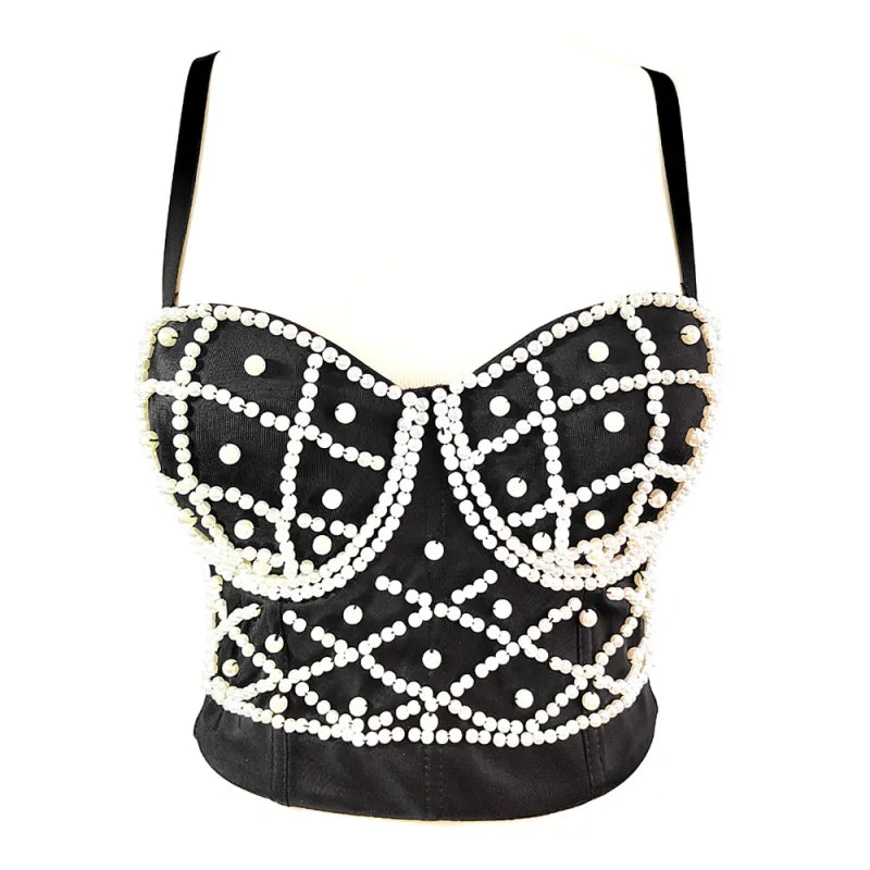 Women's Fashionable Elegant Pearl Spaghetti-strap Camisole Top With Chest Pad Rieworkes