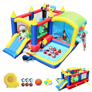 7-in-1 Inflatable Bounce House, Bouncy House With Ball Pit For Kids Indoor And Outdoor Party Family Fun, Obstacles, Toddler Jump Bounce Castle With Ball Pit For Birthday Party Gifts Rieworkes