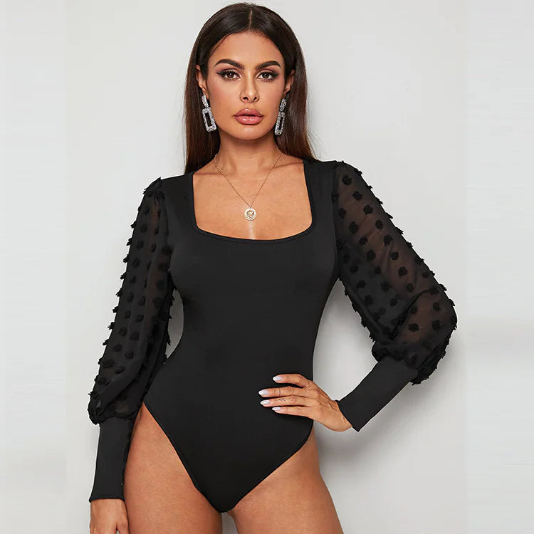 Slim Fit Square Collar Mesh Long Sleeve Bodysuit for Women Rieworkes