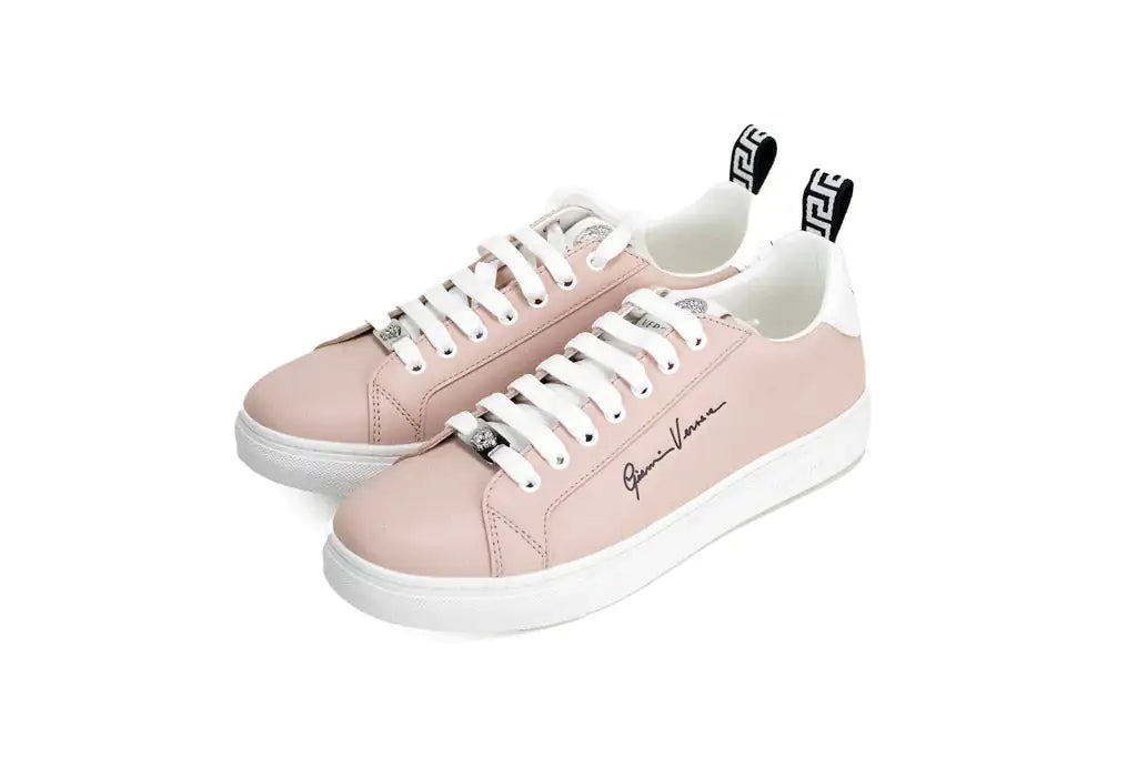 Versace Powder Blush Vitello Leather Signature Lace Sneakers Mimarta