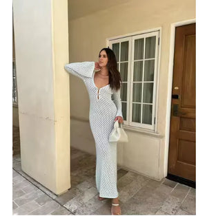 Elegant Sheer V-Neck Knitted Beach Dress – Long Sleeve Cover-Up for Summer & Fall Rieworkes