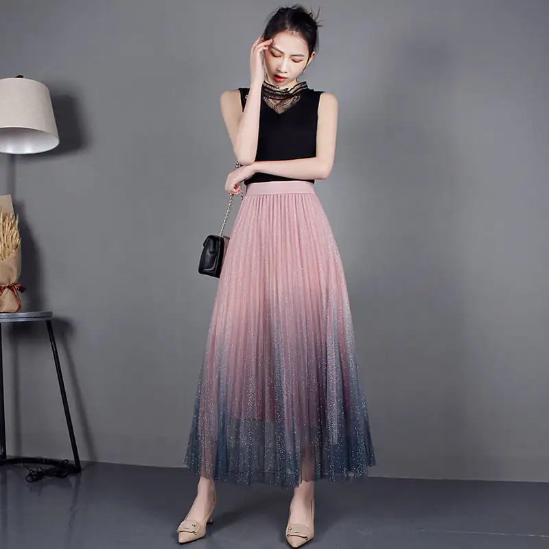 High-Waisted Pleated Skirt with Gradient Mesh Design Mimarta