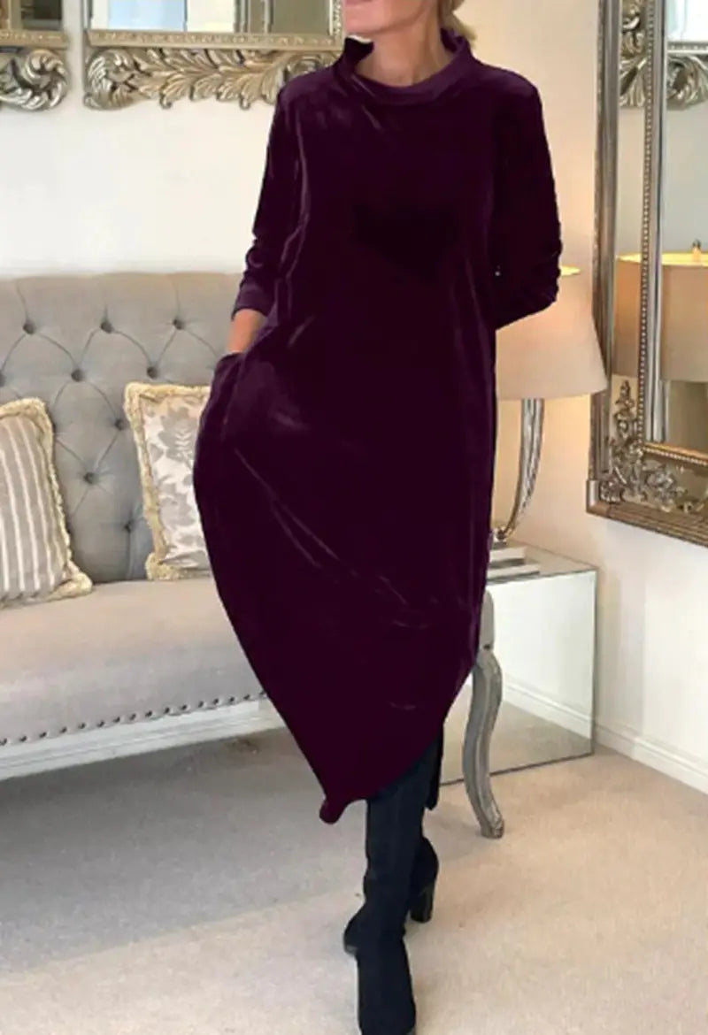 New Women's Long Sleeve Solid Color Round Neck Dress Mimarta