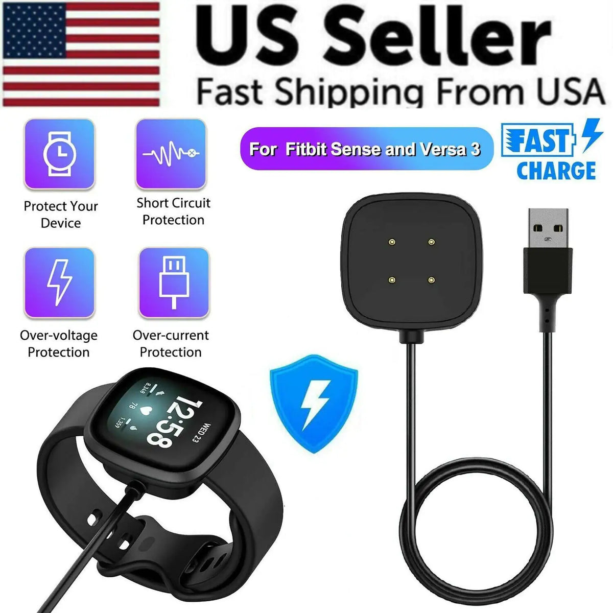 Wireless Charger For Fitbit Sense Versa 3 4 Watch USB Fast Charging Dock Cable Rieworkes