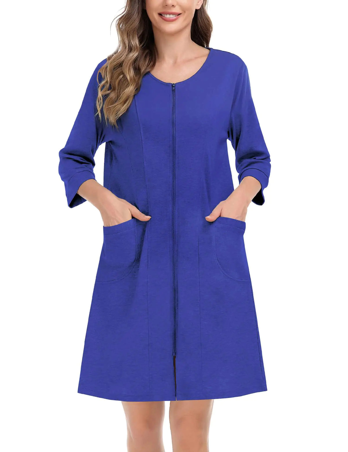 SWOMOG Women Half Sleeve Zipper Front Nightgown Nightshirt Lightweight Housecoat Soft Cotton Loungewear with Pockets (Bright blue X-Large) Mimarta