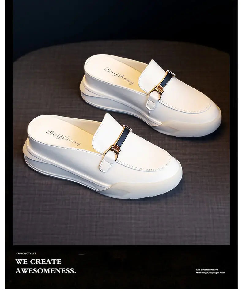 Women's Leather White Platform Sandals - Baotou Style Mimarta