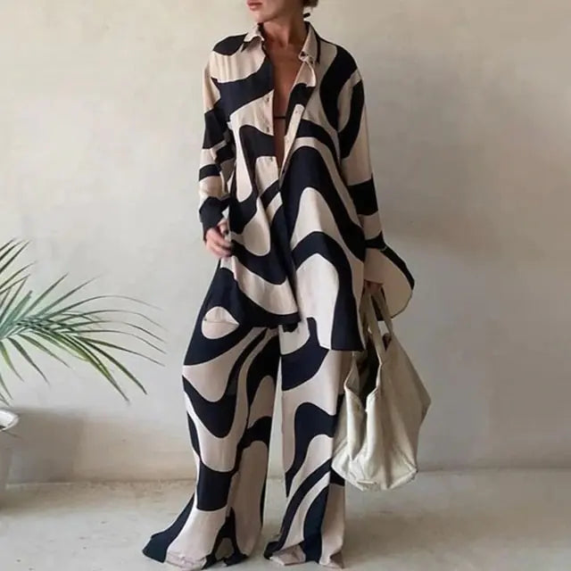 Loose Stripe Pants Set Elegant Long Sleeve Top Rieworkes