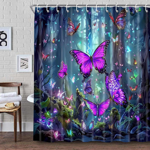 Fantasy Forest Shower Curtain，Magic Fairy Tale Gemstone Blue Forest Butterfly Shower Curtain for Bathroom Modern Fabric Cloth Waterproof Bath Curtain with Hooks Mimarta
