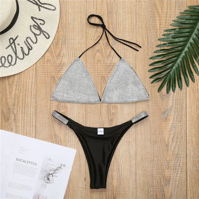 Luxury Women's Bikini Set with Rhinestones and Halter Neck Mimarta