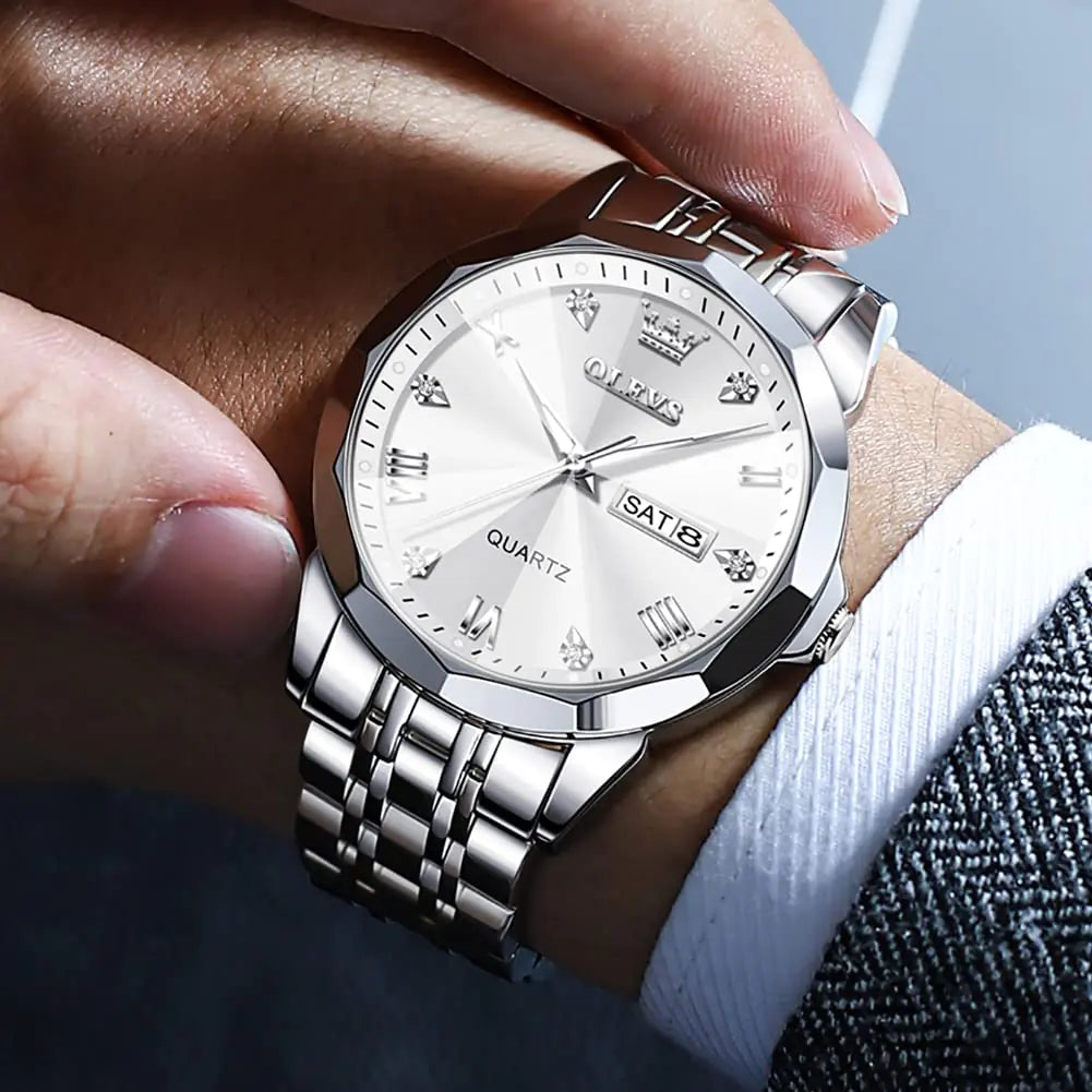OLEVS Watch for Men Diamond Business Dress Analog Quartz Stainless Steel Waterproof Luminous Date Two Tone Luxury Casual Wrist Watch silver watch for men Rieworkes