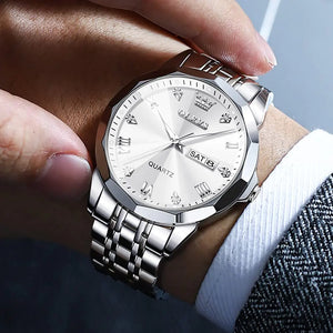 OLEVS Watch for Men Diamond Business Dress Analog Quartz Stainless Steel Waterproof Luminous Date Two Tone Luxury Casual Wrist Watch silver watch for men Rieworkes