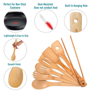 Wooden Spoons for Cooking 7-Pack - Bamboo Kitchen Utensils Set for Nonstick Cookware Rieworkes