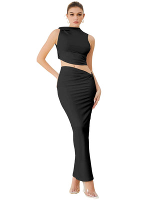 Verdusa Womens Two Piece Sets Mock Neck Sleeveless Going Out Tops and Maxi Skirt Set Going Out Outfits Black Medium Mimarta
