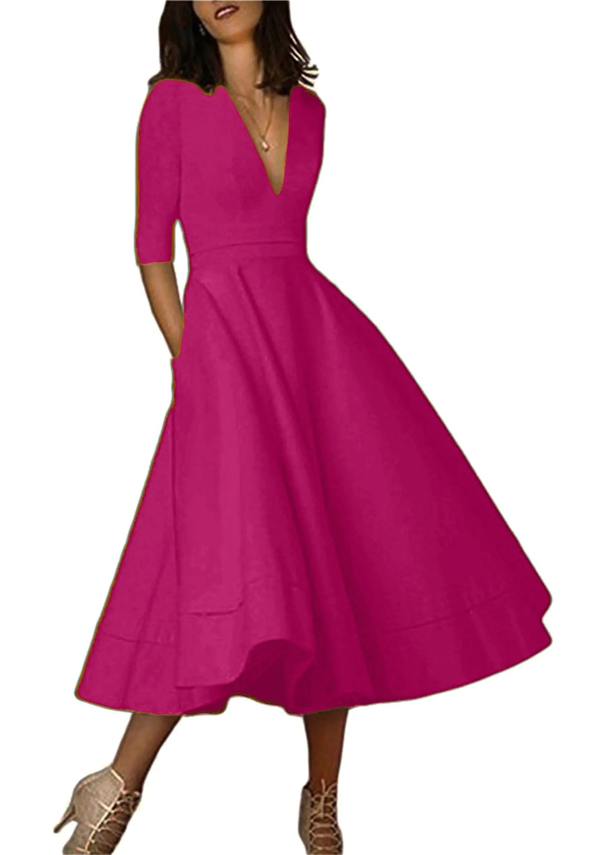 YMING Ladies 50s Vintage V Neck Cocktail Dress Plain Half Sleeve Party Cocktail Dress with Pockets Rose 3XL Mimarta