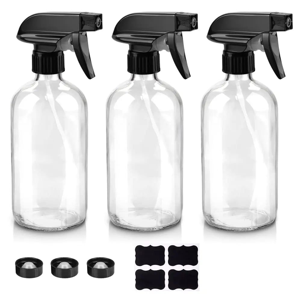 Glass Spray Bottles, 16oz Clear Glass Spray Bottles with Labels & Adjustable Nozzle, Reusable Containers for Cleaning, BBQ, Food, Plants, Alcohol, Essential Oils(3 Pack) 3 Pack Rieworkes