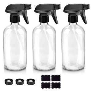 Glass Spray Bottles, 16oz Clear Glass Spray Bottles with Labels & Adjustable Nozzle, Reusable Containers for Cleaning, BBQ, Food, Plants, Alcohol, Essential Oils(3 Pack) 3 Pack Rieworkes