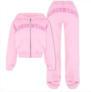 Ins Letter Sports Suit Zip-up Hooded Cropped Sweatshirt Top And Loose Drawstring Trousers Fashion Womens Clothing Rieworkes