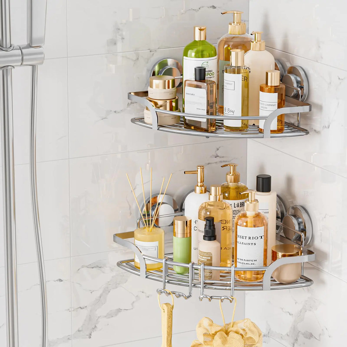 LEVERLOC Suction Cup Shower Corner Caddy 2 Pack Drill-Free Heavy Duty Shower Shelf with Hooks Wall Mounted Basket Organizer for Bathroom Removable Rustproof Stainless Steel Shower Rack Silver Mimarta