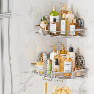 LEVERLOC Suction Cup Shower Corner Caddy 2 Pack Drill-Free Heavy Duty Shower Shelf with Hooks Wall Mounted Basket Organizer for Bathroom Removable Rustproof Stainless Steel Shower Rack Silver Mimarta