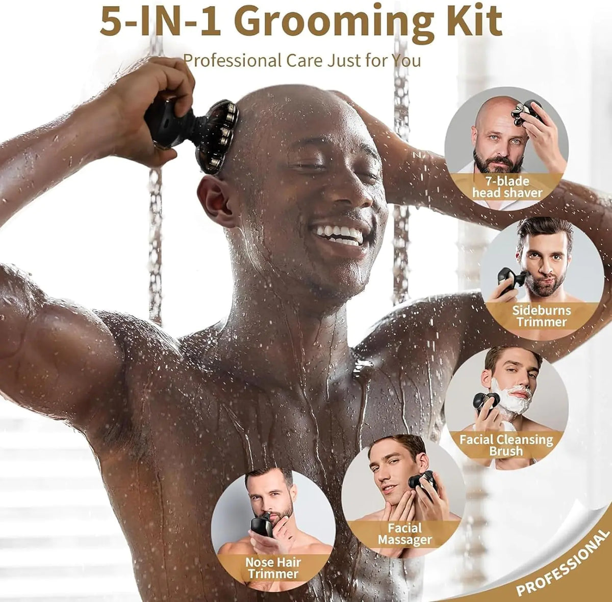Detachable Head Shavers, SHPAVVER 5-in-1 Electric Razor IPX7 Waterproof for Bald Men, Wet/Dry LED Display Rechargeable 7D Rotary Shaver Grooming Kit with Type-C Charge (A) Brown Rieworkes