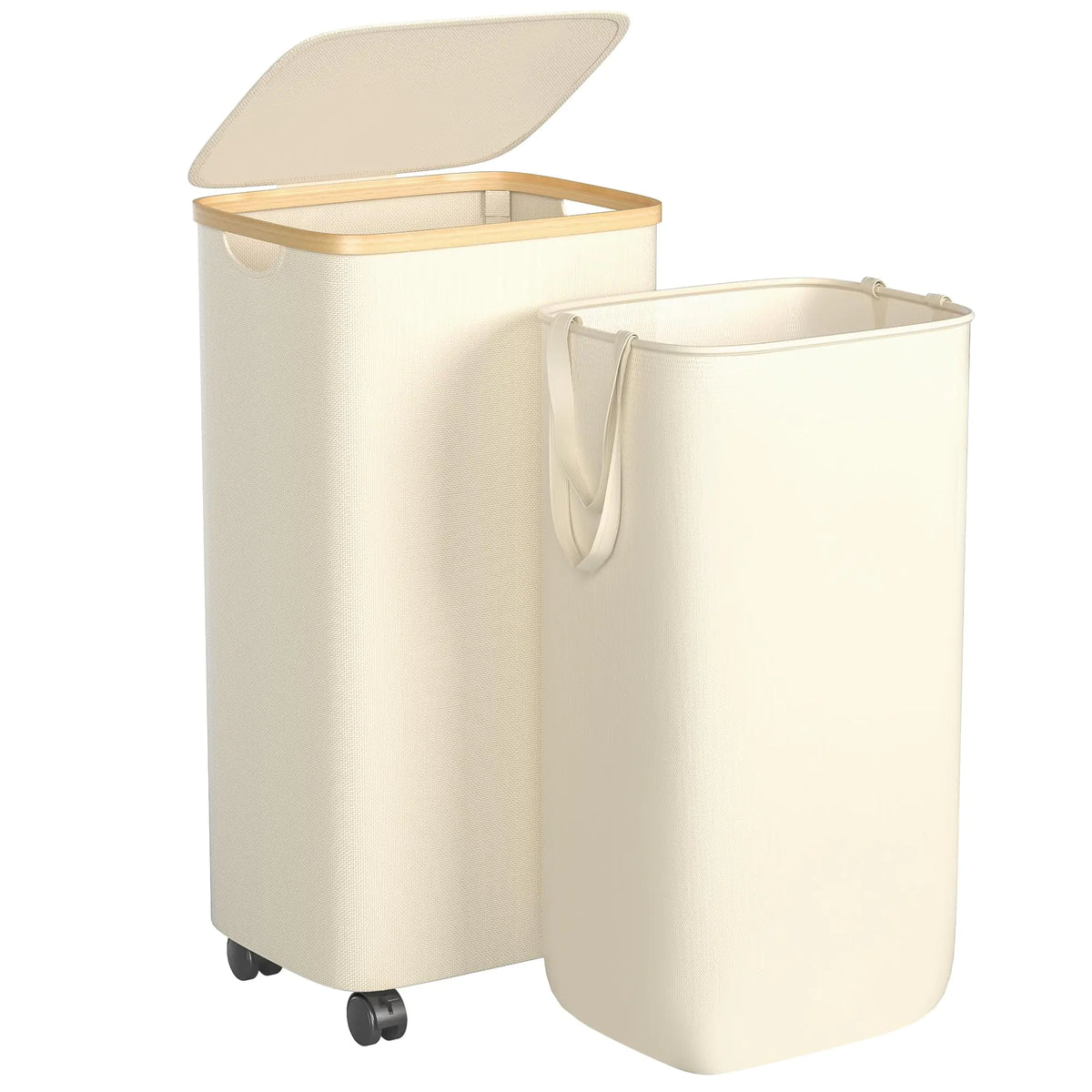 Foluck 75L Laundry Hamper with Wheels Rolling Laundry Basket with Lid and 2-Inch Silent Wheels Collapsible Tall Clothes Hamper with Bamboo Handles for Clothes Toys in Dorm Bedroom Bathroom Beige Mimarta