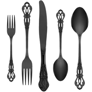 Black Silverware Set for 12 Stainless Steel Gorgeous Retro Royal Flatware Set 60-Pieces Cutlery Tableware set Kitchen utensils set Include Spoons And Forks Set Mirror Finish Dishwasher Safe Rieworkes