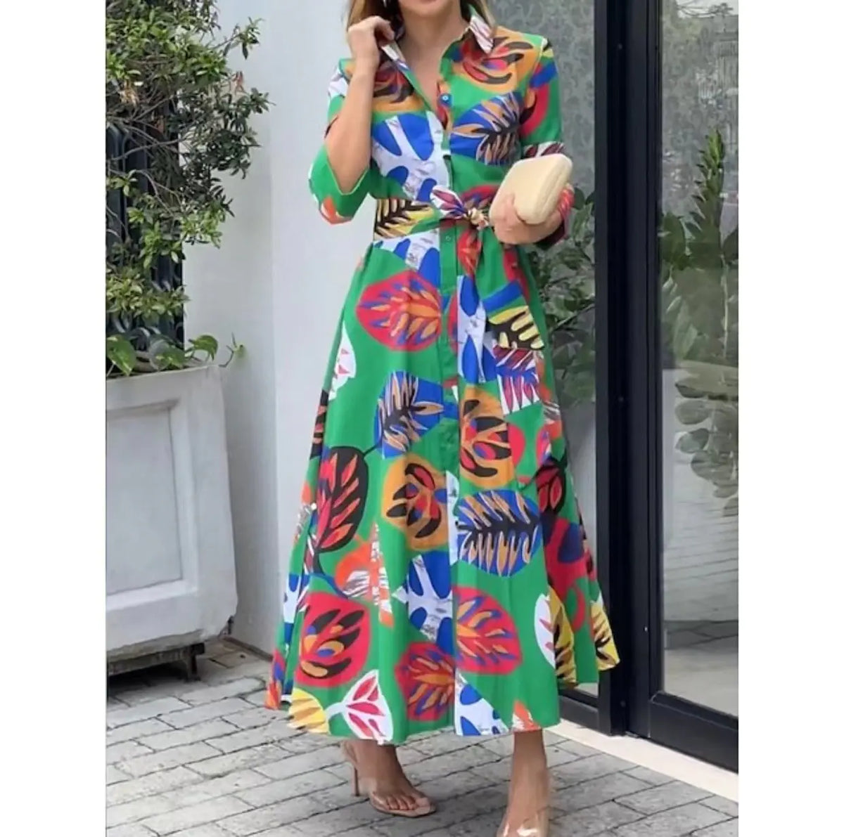 Printed Long Sleeve Button-Up Shirt Dress for Fashion Rieworkes