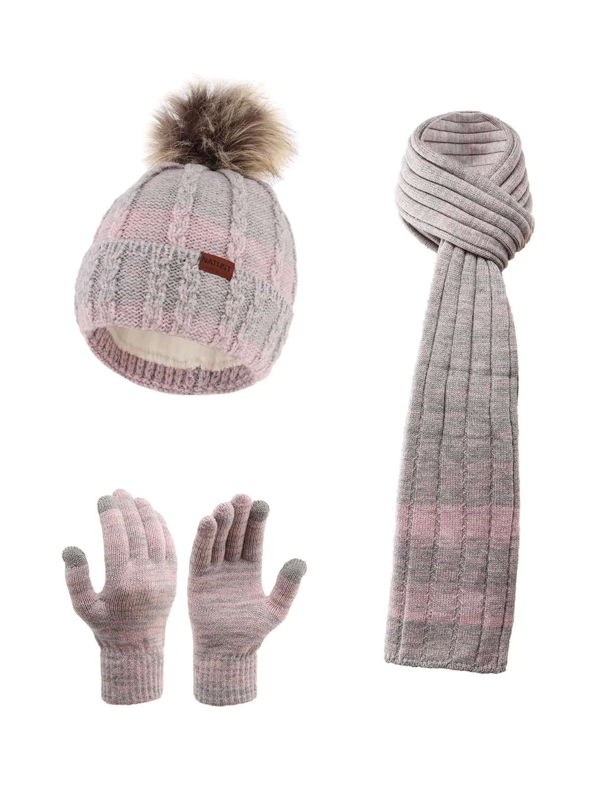 3 Pieces Winter Knit Beanie Hat Warm Scarf and Touch Screen Gloves Set Warmer Gloves Set with Fleece Lined Gray Pink Rieworkes