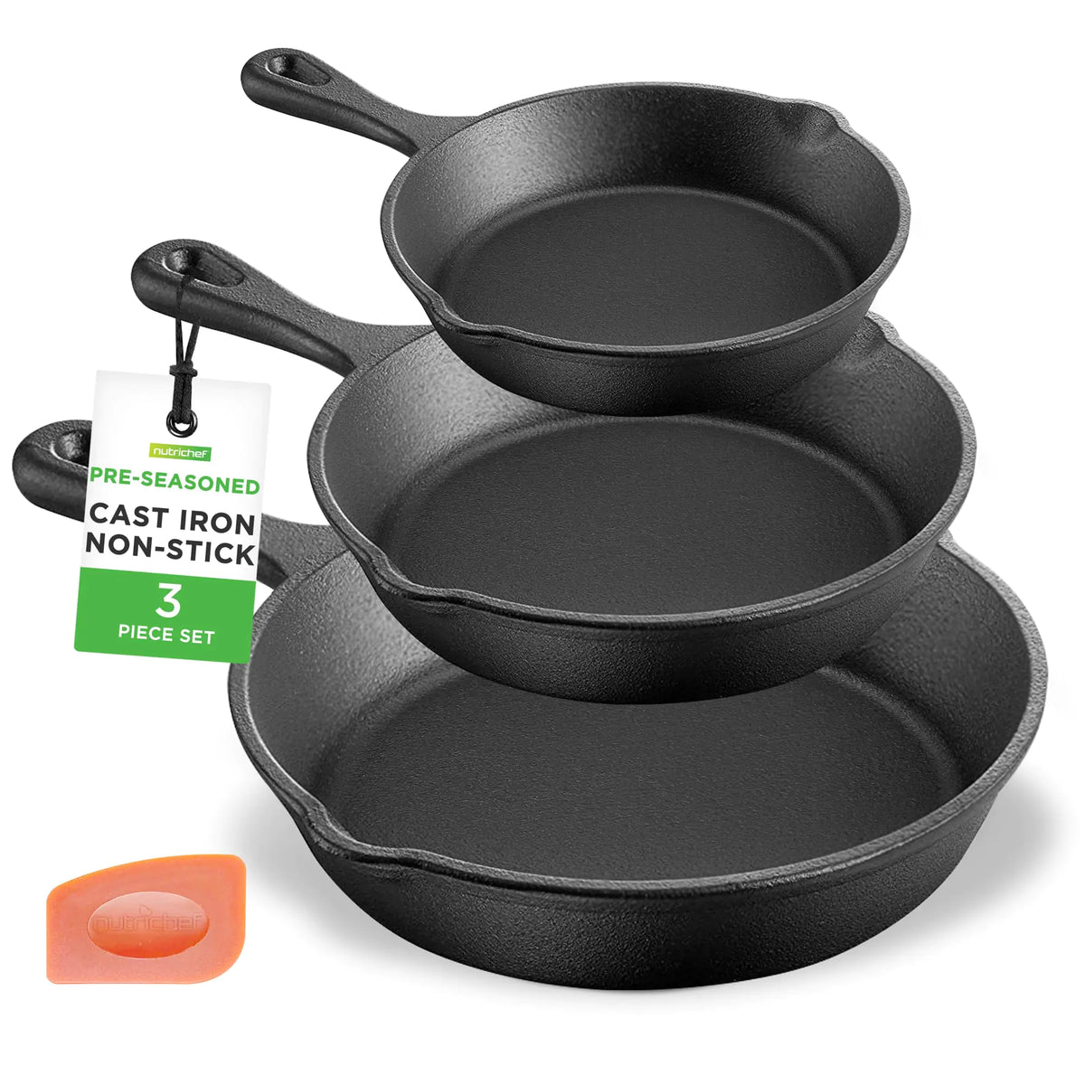 NutriChef Pre-Seasoned Cast Iron Skillet Pans - 3 Pieces Kitchen Frying Pan Nonstick Cookware Set w/Drip Spout - Includes Scraper - Electric Stovetop Induction Gas Range Ceramic - NutriChef NCCI76 Mimarta