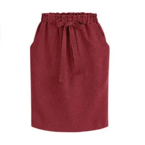 Women's Cotton Elastic Waist Bow Skirt - Summer/Autumn Midi Office Pencil Style (Green) Rieworkes