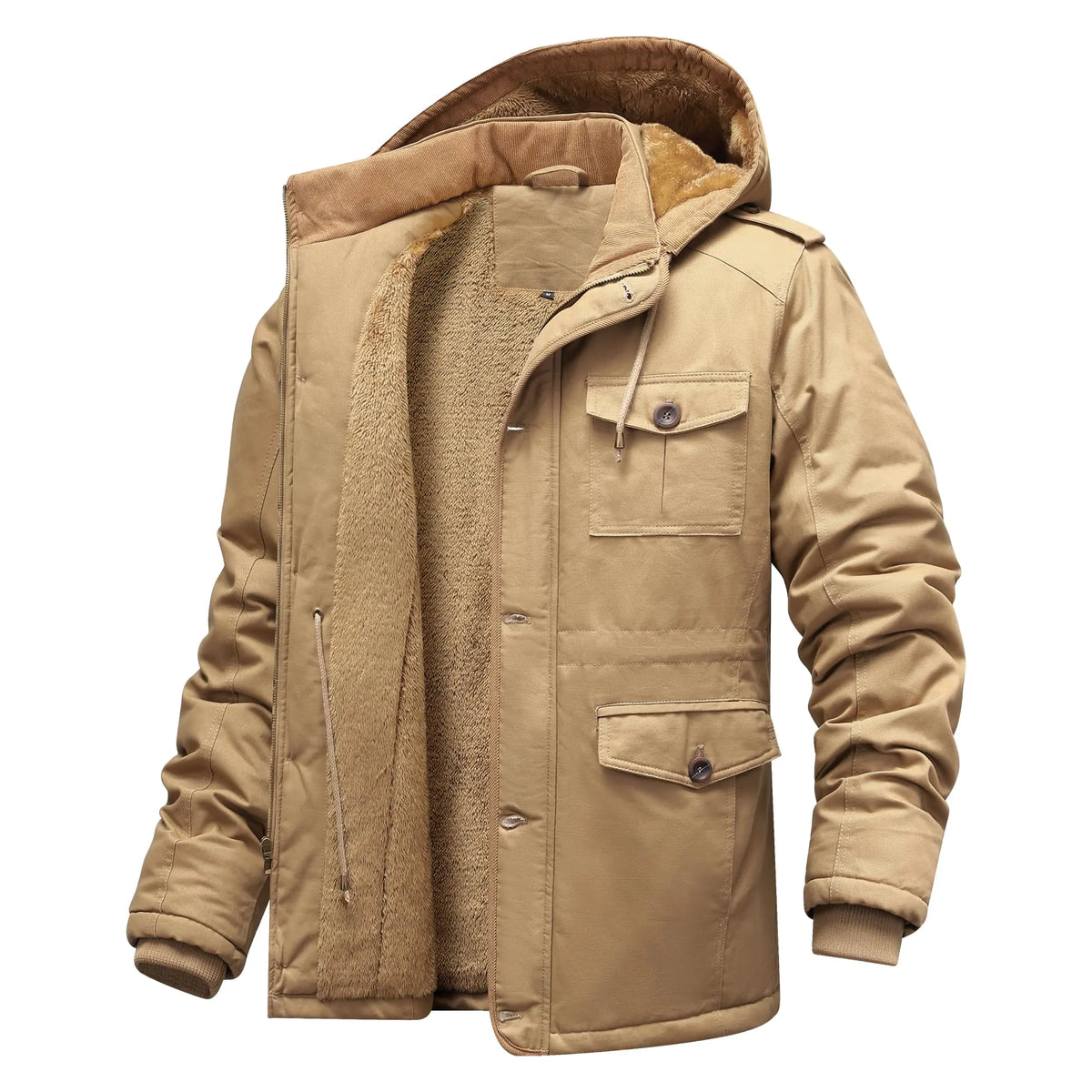 CHEXPEL Mens Winter Jackets with Removable Hood Fleece Lined Cotton Military Work Jackets Outerwear Coats with Pockets Khaki 2XL Mimarta
