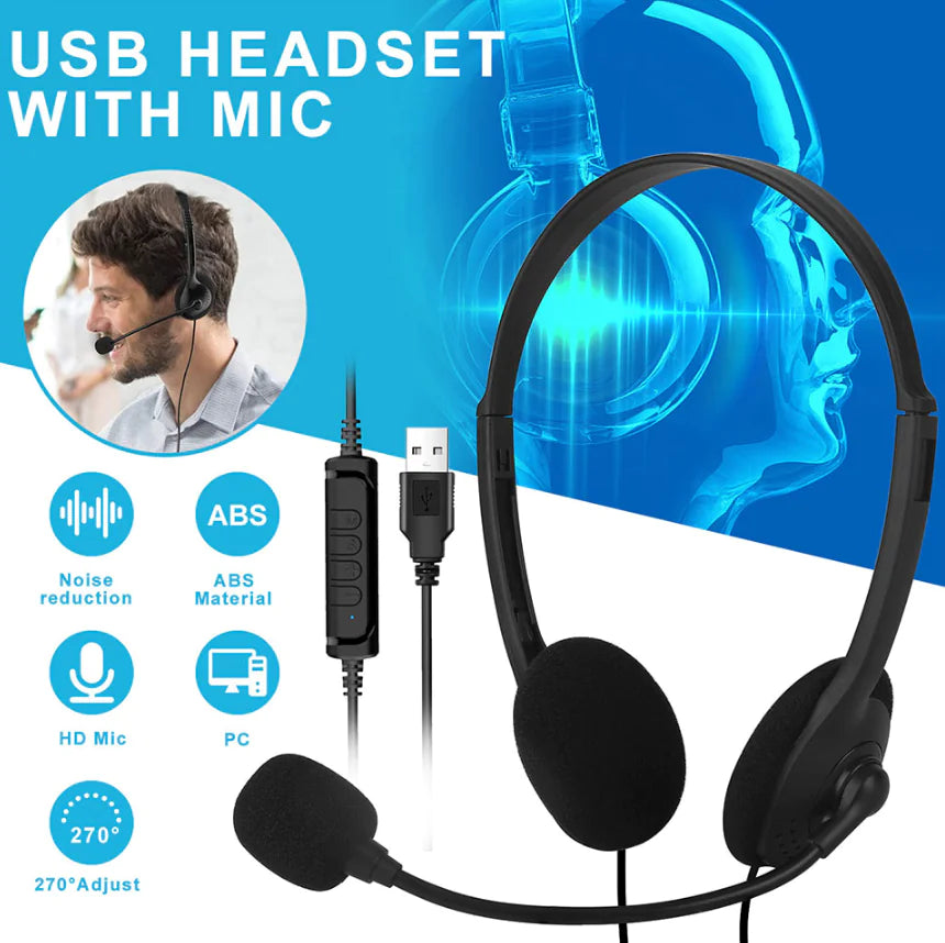 USB Headset Headphone With Microphone Noise Cancelling For PC Computer Call Chat Rieworkes