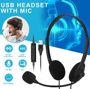 USB Headset Headphone With Microphone Noise Cancelling For PC Computer Call Chat Rieworkes