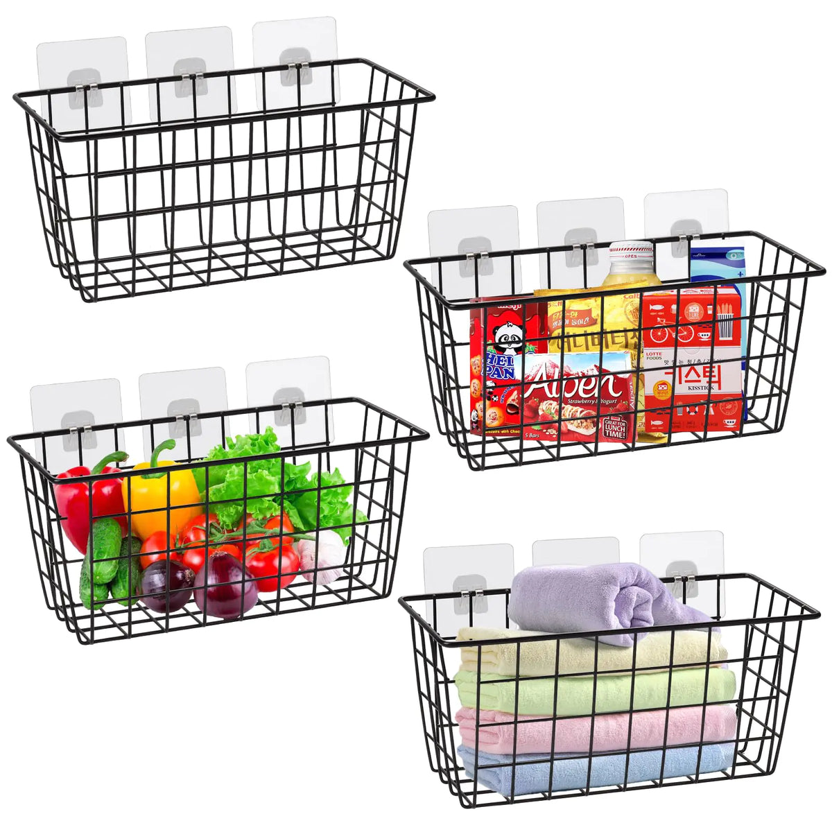 4 PCS Hanging Kitchen Baskets For Storage Adhesive Sturdy Small Wire Storage Baskets with Kitchen Food Pantry Bathroom Shelf Storage No Drilling Wall Mounted Mimarta