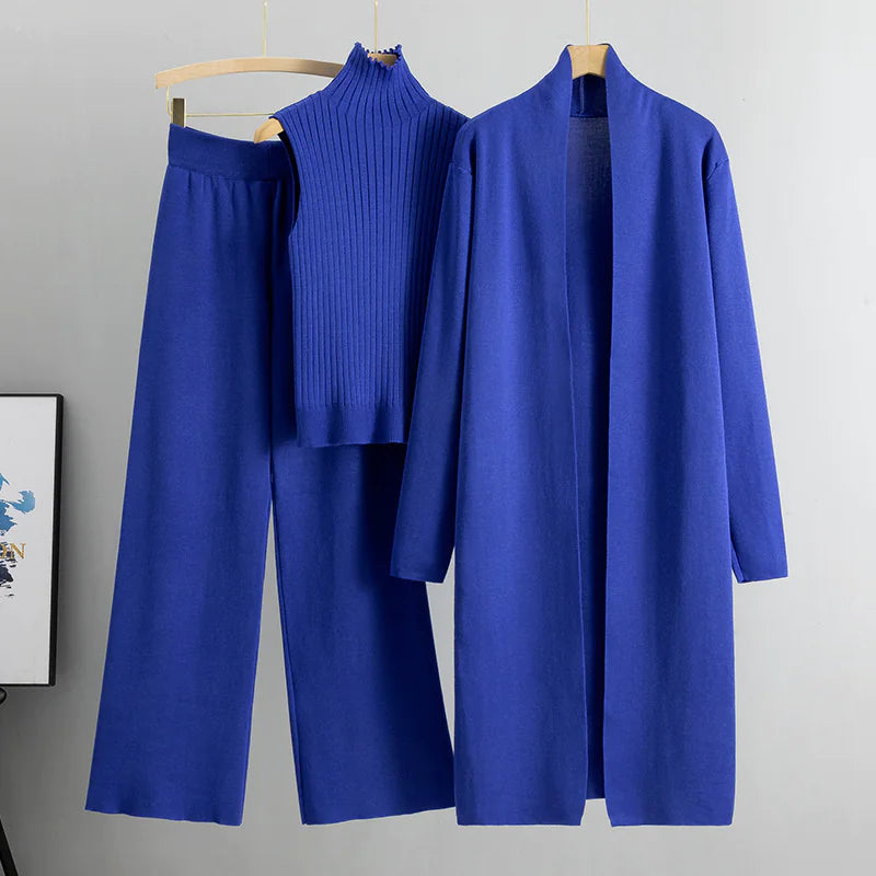 Women's 3-Piece Knit Set: Sleeveless Vest, Long Cardigan, and Wide-Leg Pants Rieworkes