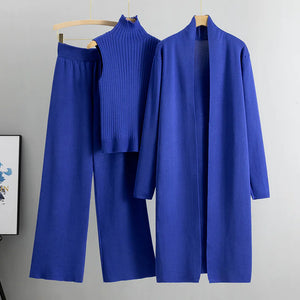 Women's 3-Piece Knit Set: Sleeveless Vest, Long Cardigan, and Wide-Leg Pants Rieworkes