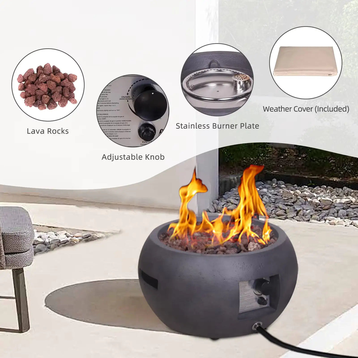 New Design Product Faux Concrete Texture Round Dark Propane Outdoor Fire Pit Mimarta