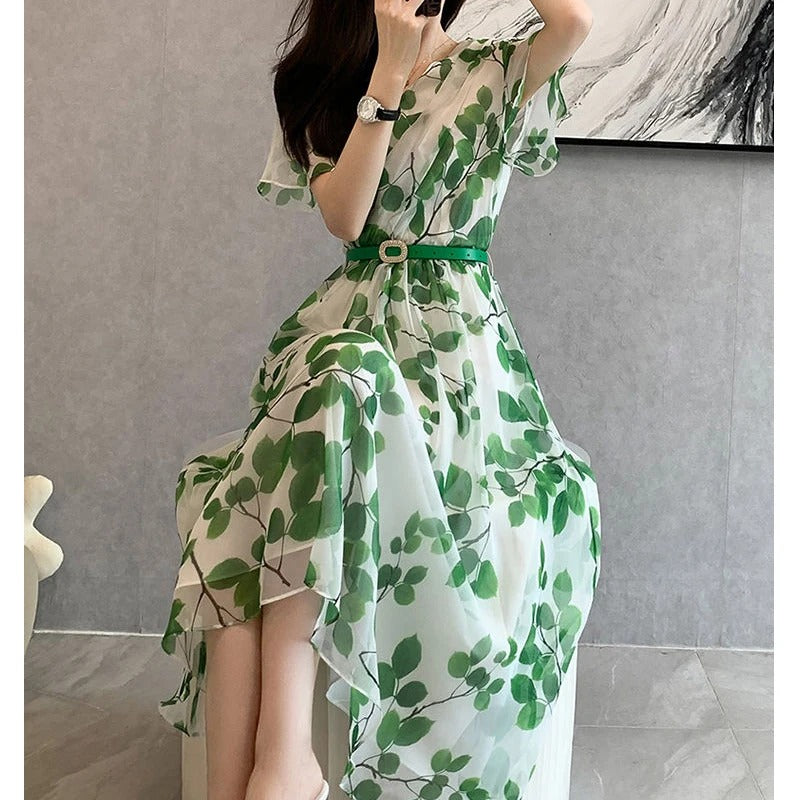 Women Summer Leaf Print Midi Dress Rieworkes