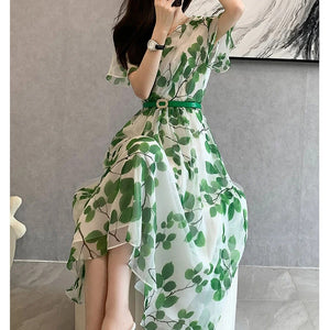 Women Summer Leaf Print Midi Dress Rieworkes