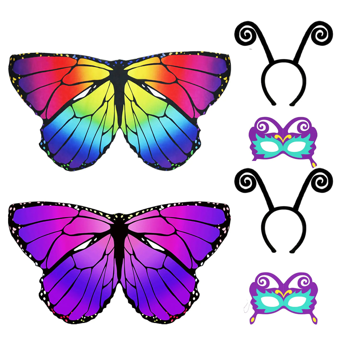 D.Q.Z 6 Pcs Kids Fairy Butterfly-Wings for Girls Halloween-Costumes with Antenna Headband Mask Party Favors (Rainbow-Purple) Mimarta