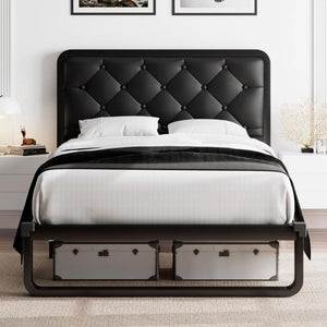 Feonase Twin Bed Frame Upholstered Platform Bed Frame with Heavy-Duty Steel Slats Diamond Tufted Headboard 12" Storage Space No Box Spring Needed Noise Free Easy Assembly Black Rieworkes