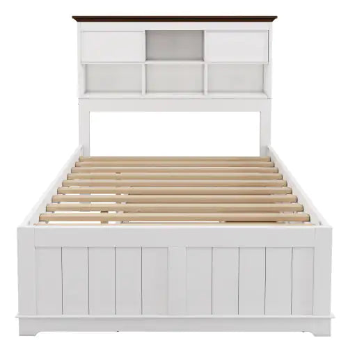 Solid Pine Captain Bookcase Bed With Trundle Bed And 3 Spacious Under Bed Drawers In Casual,Full, White Walnut Rieworkes