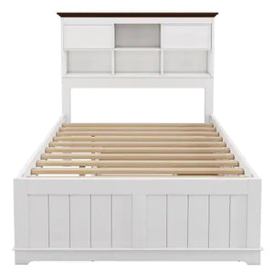 Solid Pine Captain Bookcase Bed With Trundle Bed And 3 Spacious Under Bed Drawers In Casual,Full, White Walnut Rieworkes