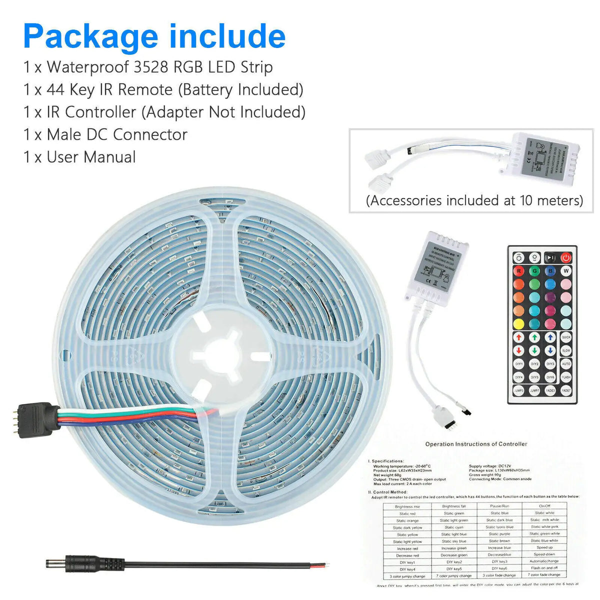 32FT LED SMD Strip Light Flexible 3528 RGB Remote Fairy Lights Room TV Party Bar Rieworkes