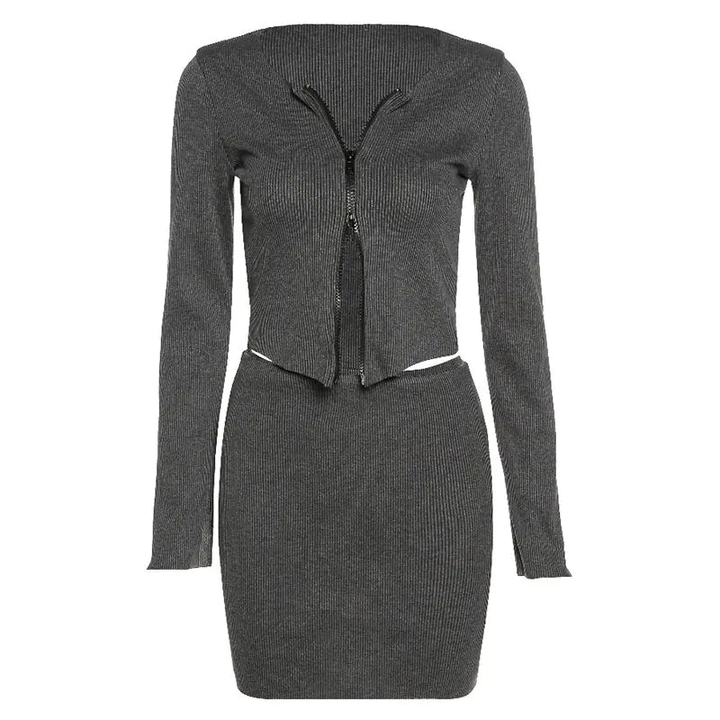 Women's Autumn Winter Long Sleeve Zip Cardigan Set Mimarta