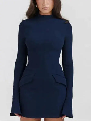 Elegant High Waist Dark Blue Mini Dress Rieworkes
