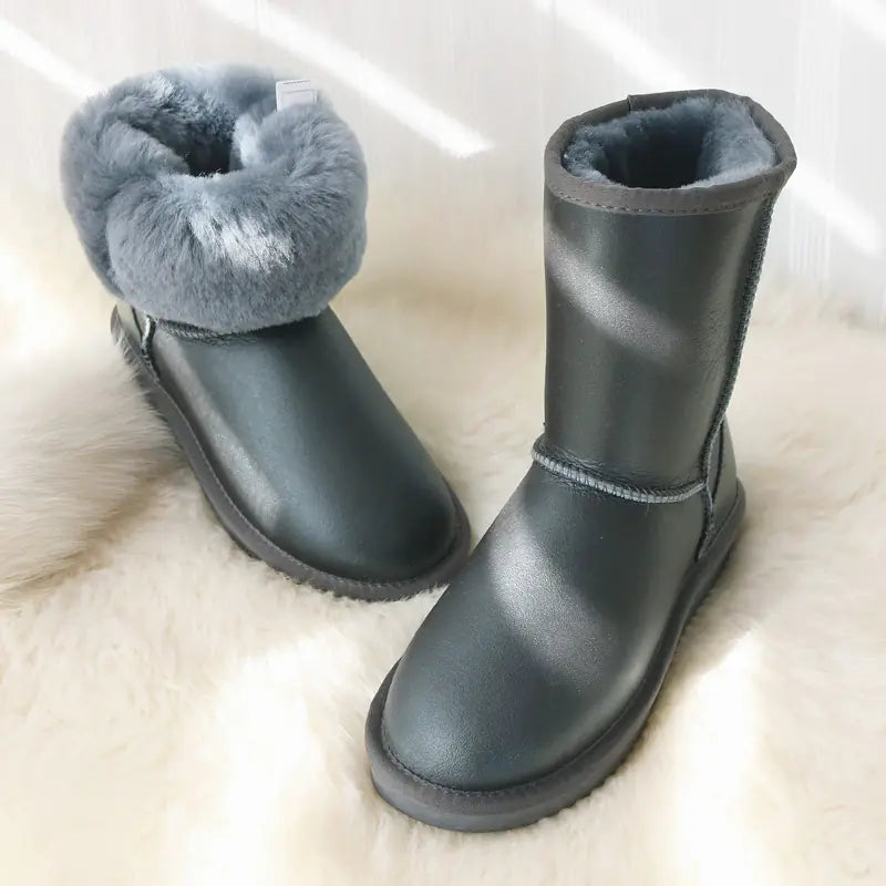 Genuine White Waterproof Women's Sheepskin Snow Boots Mimarta