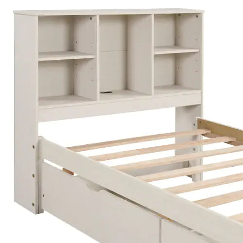 Modern Twin Size Bed Frame With Built-in USB Port On Bookcase Headboard And 2 Drawers For White Washed Color Rieworkes