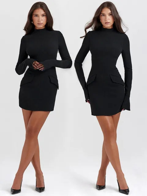 Elegant High Waist Dark Blue Mini Dress Rieworkes